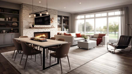 Interior design inspiration of Transitional Contemporary style home dining room loveliness decorated with Stone and Leather material and Fireplace .Generative AI home interior design .の素材