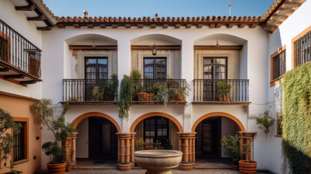 Home architecture design in Art Nouveau Style with Curved lines constructed by Glass and Iron material. Art Nouveau style. Generative AI AIG25 .の素材