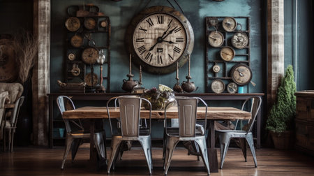 Interior design inspiration of Industrial Eclectic style home dining room loveliness decorated with Steel and Glass material and Wall Art .Generative AI home interior design .の素材