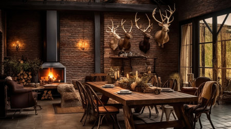 Interior design inspiration of Rustic Industrial style home dining room loveliness decorated with Brick and Metal material and Fireplace .Generative AI home interior design .の素材
