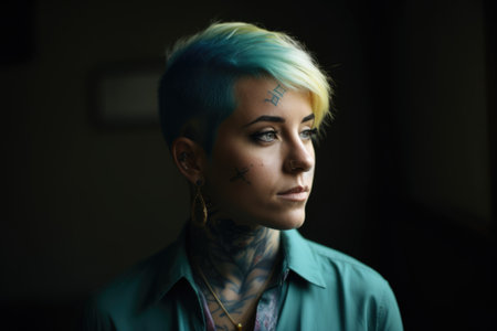 A tattooed happy woman with light blue short haircut standing in the office. Generative AI AIG21.の素材