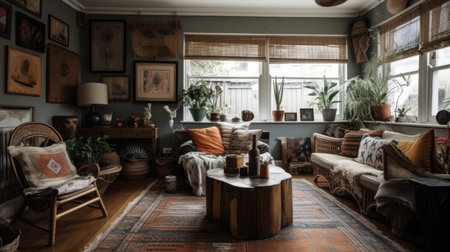 Interior design of Living Room in Bohemian style with Gallery wall decorated with Textured fabrics, Rattan, Woven material. Rustic architecture. Generative AI AIG24.の素材