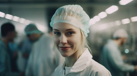 A smiling young Swedish female electronic factory worker standing in factory. Generative AI AIG19.の素材