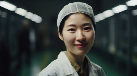 A smiling young Asian female electronic factory worker standing in factory. Generative AI AIG19.の素材