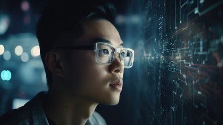 Young asian male with wonder, curiosity, looking at holographic digital display, futuristic technology, innovation. Generative AI AIG20.の素材