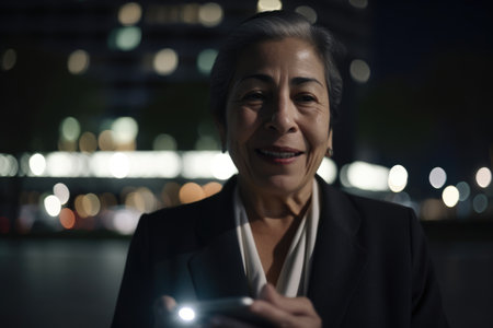 a senior mexican hispanic businesswoman executive using mobile phone with background of modern office buildings at night Generative AI AIG18.の素材