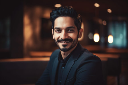 In bright modern office, a 35 years old handsome indian businessman with large smile. Generative AI AIG18.の素材