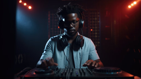 Afro African American DJ mixing music in night club with colorful light. Generative AI AIG19の素材