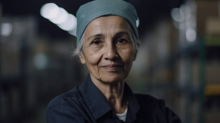 A smiling senior Hispanic female electronic factory worker standing in factory. Generative AI AIG19.の素材