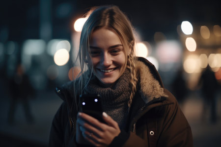 Low angle shot of a young caucasian woman trendy clothes using mobile phone with background of urban city street at night. Generative AI AIG18.の素材