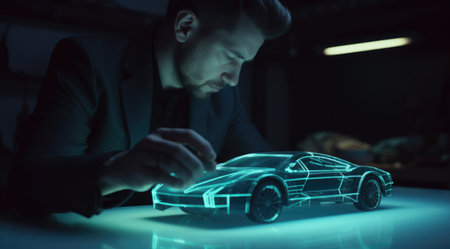 A business man touching a model of modern automobile car on a tabletop. Generative AI AIG21.の素材