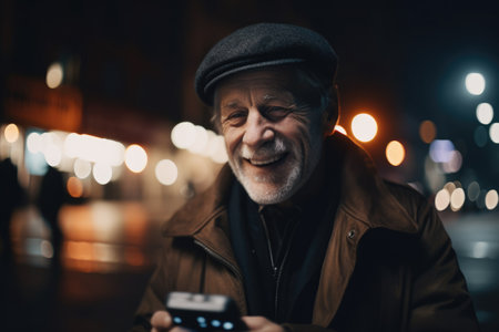 a young caucasian man trendy clothes using mobile phone with background of urban city street at night Generative AI AIG18.の素材