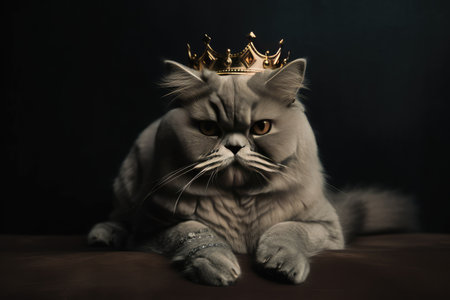 King of cat wearing crown on dark background. distinct generative AI image.の素材