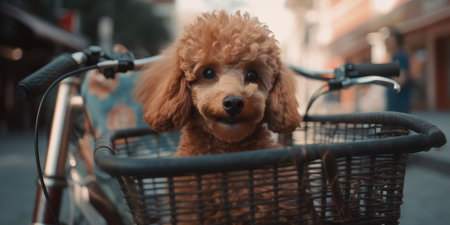 Poodle puppy dog have fun bicycle ride on sunshine day morning in summer on town streetの素材