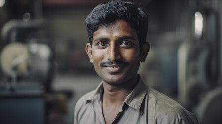 A smiling Indian male factory worker standing in metal sheet factory. Generative AI AIG19.の素材