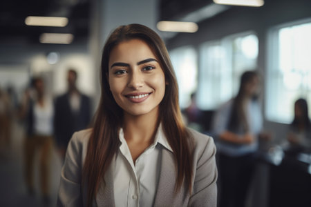 Young smart hispanic businesswoman, smiling face, standing in blur background of busy office. Generative AI AIG20.の素材