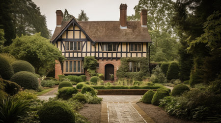 Home architecture design in Colonial Style with Center entrance constructed by Brick and wood material. Elegant colonial. Generative AI AIG25 .の素材