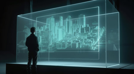 A man looking at blue hologram screen showing the city plan with the light teal and light black. Generative AI AIG21.の素材