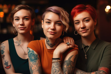 Three young women with tattoos and vivid colors short hair in an office. Generative AI AIG21.の素材