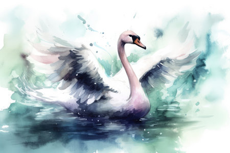 Swan watercolor hand drawn style. distinct generative AI image.の素材