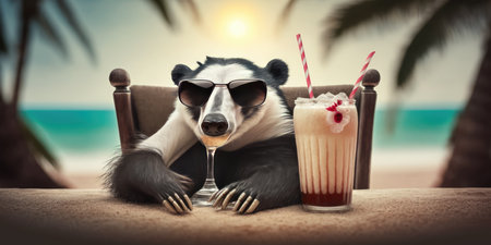 badger is on summer vacation at seaside resort and relaxing on summer beachの素材