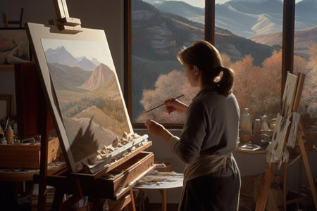 The woman painting the realistic landscapes in an art studio with mountain view. Generative AI AIG21.の素材
