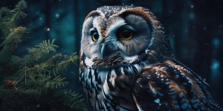 The owl surrounded by forest at night. distinct generative AI image.の素材