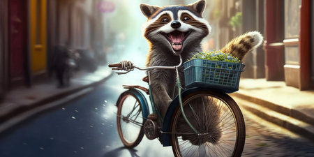 raccoon have fun bicycle ride on sunshine day in summer on town streetの素材