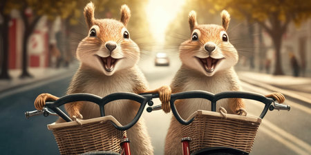 squirrels have fun bicycle ride on sunshine day in summer on town streetの素材