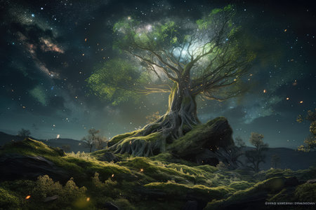 Beautiful celestial sky in dreamy fantasy with bright star in the sky over nature landscapeの素材