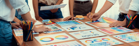 Graphic designer brainstorm logo and graphic art at busy creative studio workshop. Experiment and...