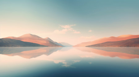Beautiful mountain lake and natural environment in the morning background. Tranquil orange and teal sunset light in panoramic mountainous and nature lake shore scenery. Picturesque generative AIの素材