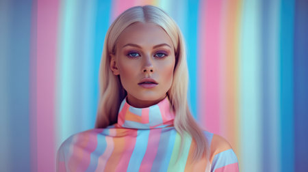 Young female model posing with trendy fashion outfit and colorful pastel mood optical art abstract background. Picturesque generative AIの素材