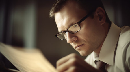 Accountant Male Caucasian seriously Analyzing the document. Generative AI AIG22.の素材