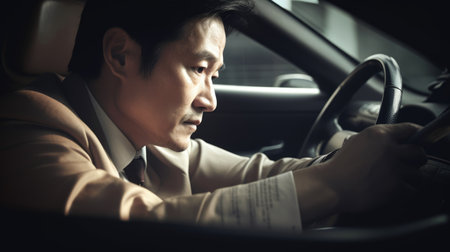 CEO Male Asian Mature Analyzing financial data and making investment decisions in a parked car. Generative AI AIG22.の素材