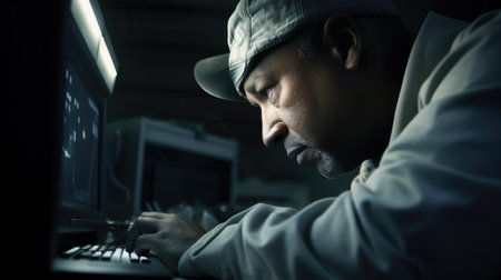 Engineer Male African-American Mature Working on a computer in Laboratory. Generative AI AIG22.の素材