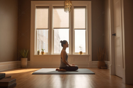 Female Asian middle aged practicing yoga in living room peace. Generative AI AIG23.の素材