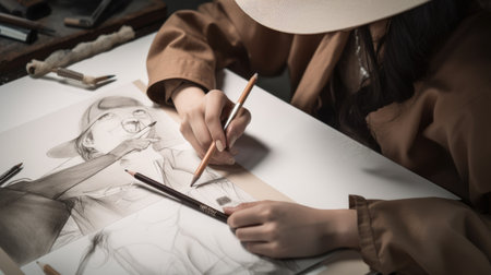 Creative Fashion Designer Female Asian Young Adult Sketching designs for the next fashion collection in Studio. Generative AI AIG22.の素材