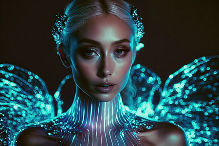Stunning futuristic bioluminescent cybernetic fashion design glowing. Generative AI AIG15.の素材