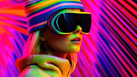 Young female model wearing VR posing with trendy fashion outfit and colorful vibrant glowing lime green optical art abstract background. Picturesque generative AIの素材