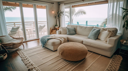 Living room decor, home interior design . Coastal Bohemian style with Ocean View decorated with Rattan and Linen material . Generative AI AIG26.の素材