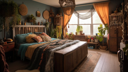 Bedroom decor, home interior design . Bohemian Eclectic style with Tapestry Wall decorated with Rattan and Macrame material . Generative AI AIG26.の素材
