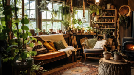 Living room decor, home interior design . Rustic Bohemian style with Fireplace decorated with Wood and Textiles material . Generative AI AIG26.の素材