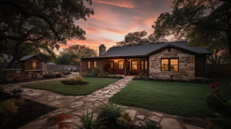 Home architecture design in Ranch Style with Front porch constructed by Stucco and stone material. One-story design with outdoor living spaces. Generative AI AIG25 .の素材