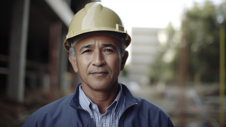 Senior male Hispanic civil engineer with determined face at construction site. Generative AI AIG21.の素材