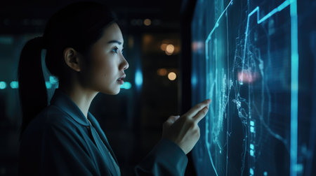 Mature Asian woman with wonder, curiosity, looking at holographic digital display, futuristic technology, innovation. Generative AI AIG20.の素材