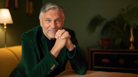 Ambitious rich mature man looking at camera inside his house with brown and green interior. Generative AI AIG20.の素材