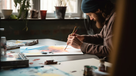 The male painter sitting in the studio using watercolor on his art. Generative AI AIG21.の素材