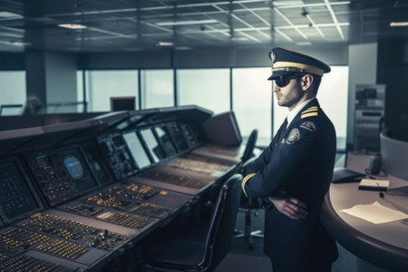 A male pilot in captains uniform in an indoor airport setting. Generative AI AIG21.の素材