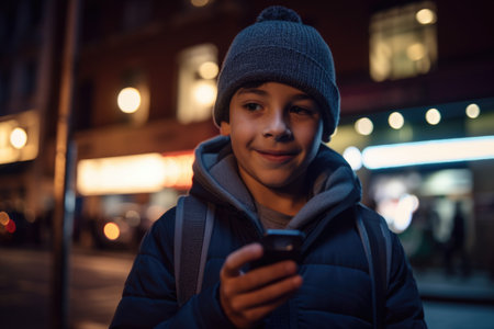 Wide angle shot of a young mexican hispanic 10-year-old little boy trendy clothes using mobile phone with background of urban city street at night. Generative AI AIG18.の素材